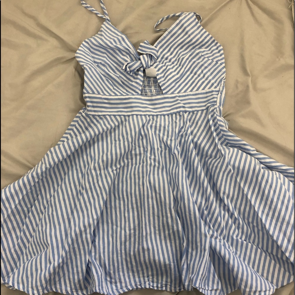 White and baby blue striped dress